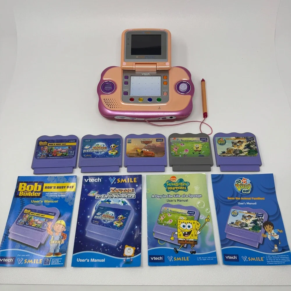 VTech V.Smile Cyber Pocket Pink Handheld Learning System 5 Games Manuals Stylus